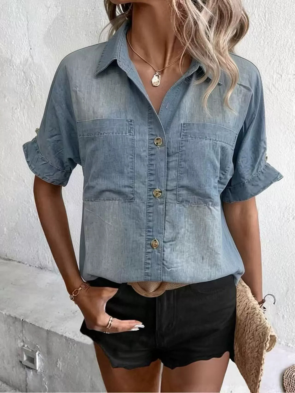 ZARA Fashion Denim Short Sleeve Top Women Summer